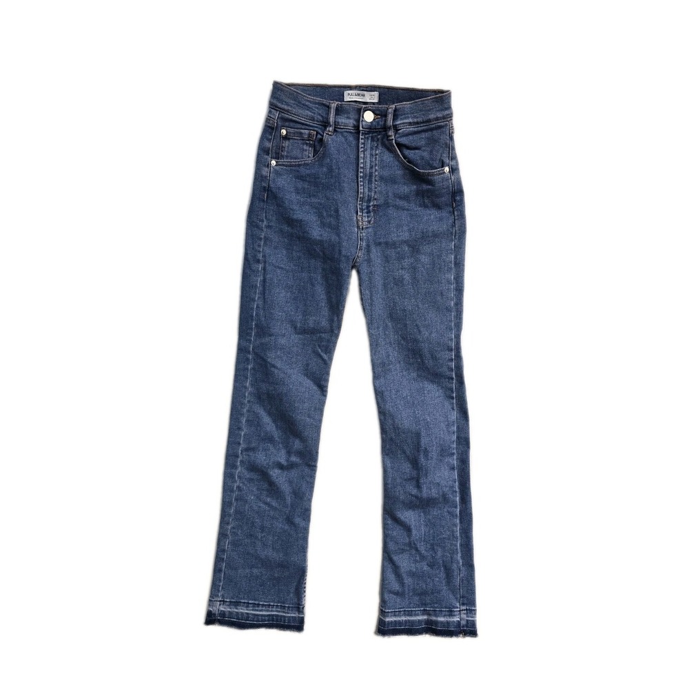 Pull&Bear Women's Hi-rise Cut Offโ Jeans Blue Size 2 Straight Leg